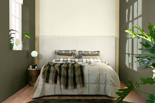 gezellige slaapkamer met bed, geruite kussens, plaid, groene muren en planten in zonlicht
