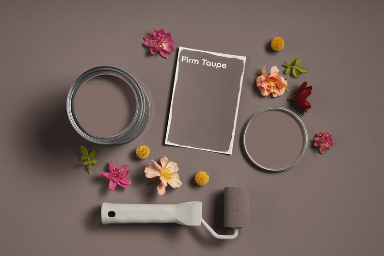 Verfblik, roller, kleurstaalkaart en diverse kleine bloemen op een mauvekleurige ondergrond.